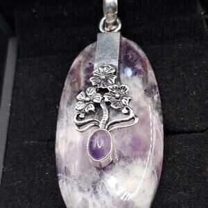Chevron Amethyst Natural Flower Decorative Pendant, 925 Silver Plated, 2.6"